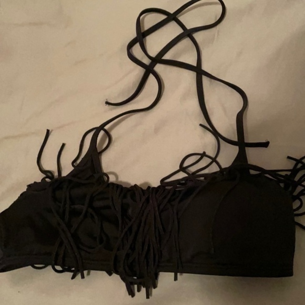 Pink fringe black swim top